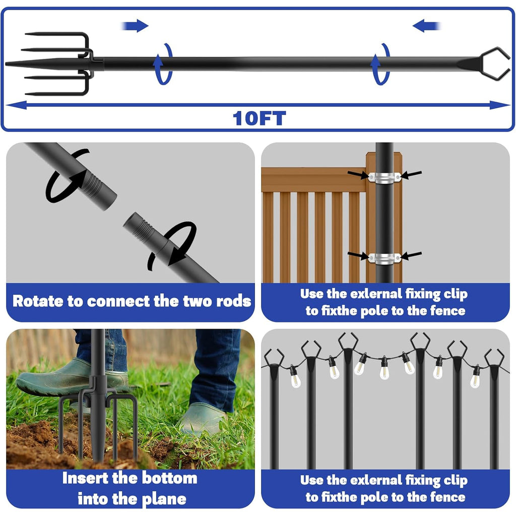 6 Pack 10 Ft Heavy Duty Metal String Light Poles Adjustable Outdoor Lighting Stand For Patio,Backyard,Garden,Party & Wedding Rustproof & Sturdy With Hooks