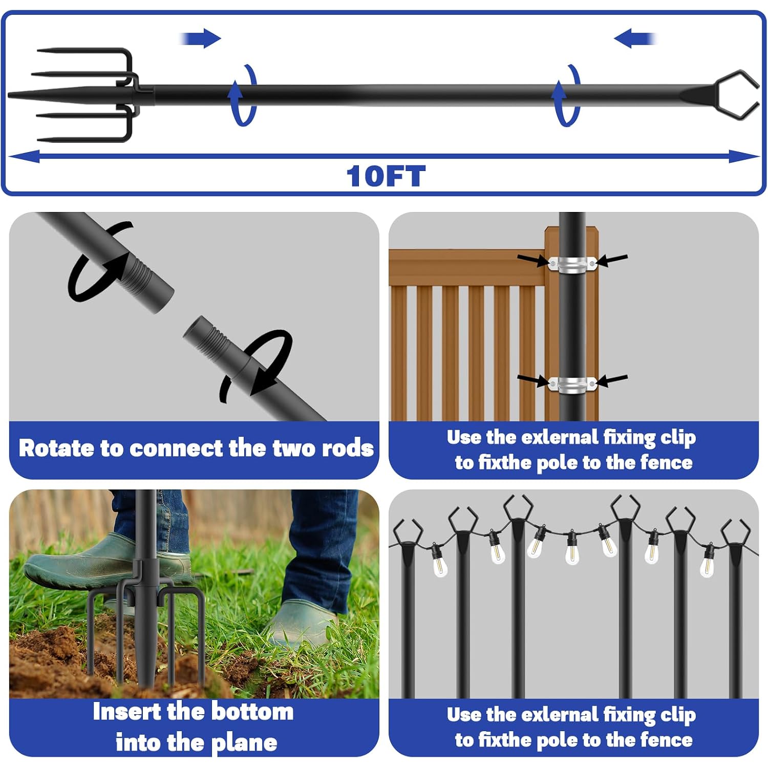 6 Pack 10 Ft Heavy Duty Metal String Light Poles Adjustable Outdoor Lighting Stand For Patio,Backyard,Garden,Party & Wedding Rustproof & Sturdy With Hooks