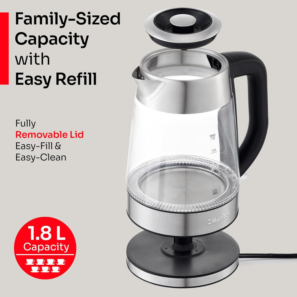 Mueller Home Rapid Boil Electric Tea Kettle 1.8L – Borosilicate Glass & Stainless Steel – Bpa-Free Hot Water Boiler, Led Light, Auto Shut-Off, Boil Dry Protection Fast Water Heater, Kitchen Appliances