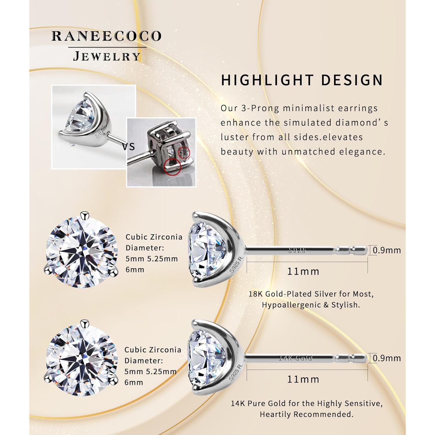 "STUNNING FLAME" 18K Gold Plated Silver Brilliant Cut Simulated Diamond Cubic Zirconia Stud Earrings
