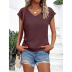 Womens V Neck T Shirts Spring Summer Cap Sleeve Basic Tees Trendy Cute Tops for Work Dressy Casual Beach Vacation