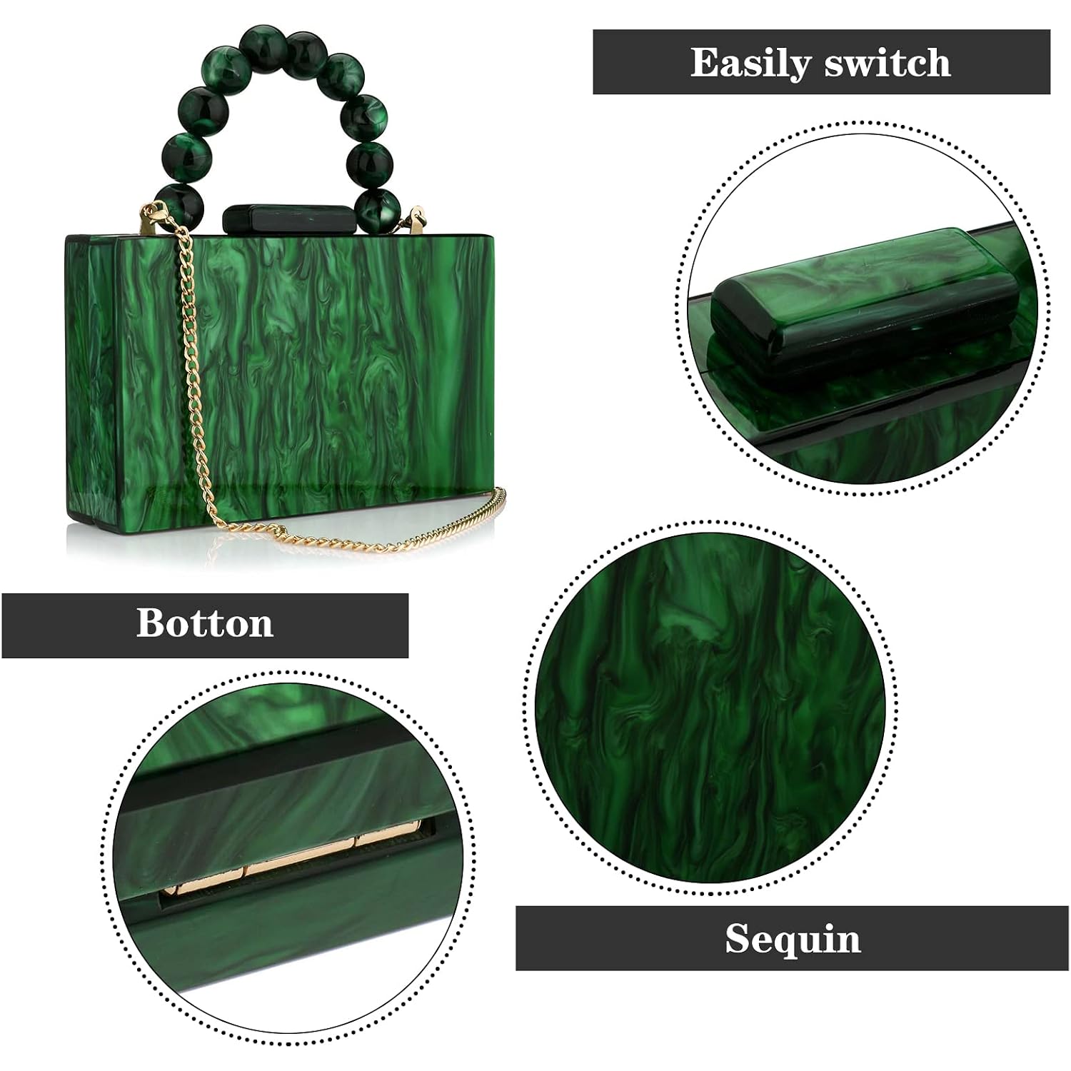 Acrylic Purses Evening Clutch Bag Marbling Handbags For Women Cross Body Bag With Pearl Chain Formal Wedding Prom Party