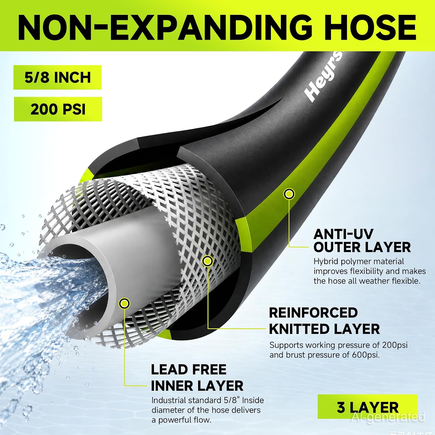 Garden Hose 50Ft, Non-Expandable Heavy Duty Water Hose With 10 Function Sprayer, Flexible, Leakproof, Kink Resistant & Hybrid Hose For Yard, Outdoor, 600 Psi