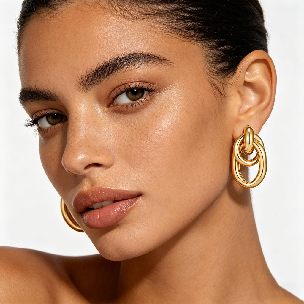Gold Chunky Earrings for Women Geometric Knot Link Drop Dangle Earrings 14K Gold Plated Statement Earrings Trendy Gold Jewelry
