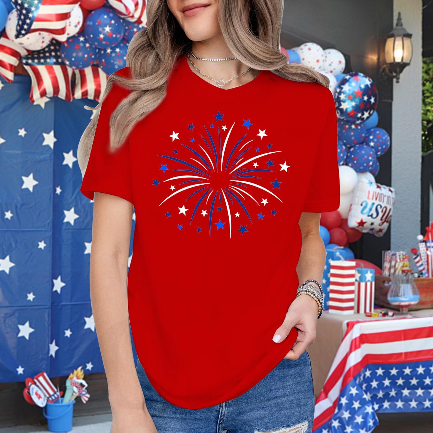 Womens American Flag Shirt USA Fireworks Patriotic Print T-Shirt 4th of July Crewneck Tee