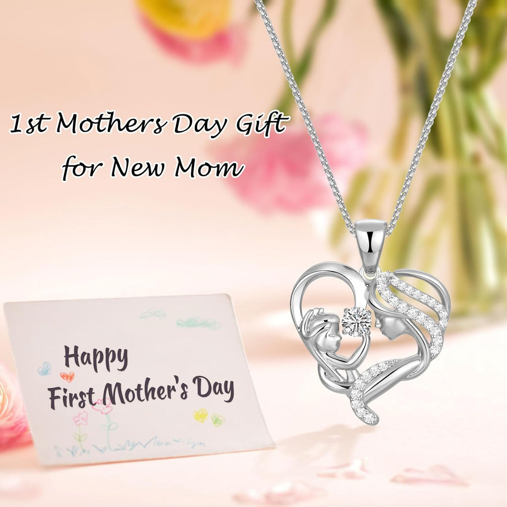 1st Mothers Day Gift for New Mom 925 Sterling Silver Mother Child Necklace as First Mothers Day Gifts for Pregnant Daughter Wife
