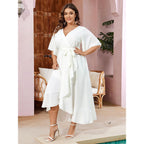 Scomchic Women Plus Size Maxi Dress Short Sleeve Wrap V Neck High Low Split Ruffle Long Dress