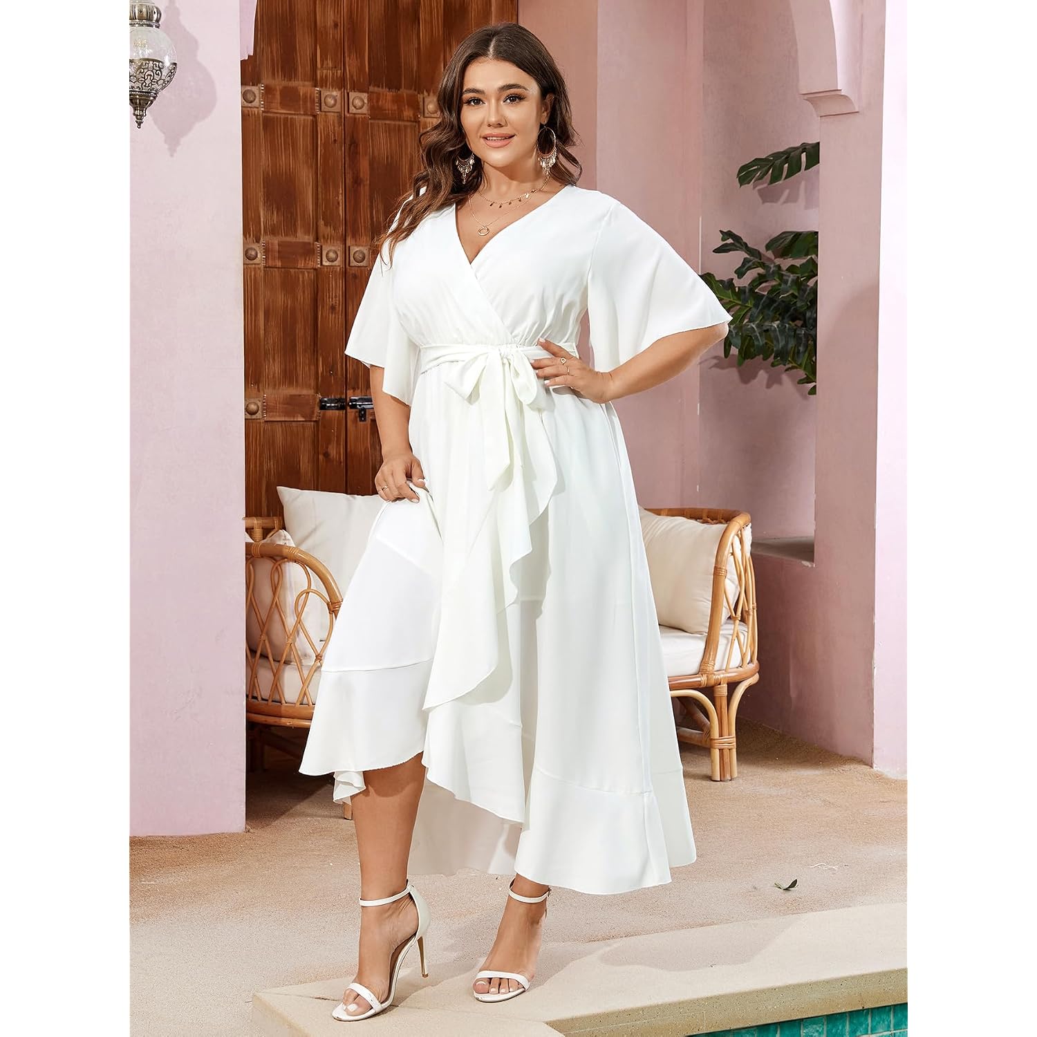 Scomchic Women Plus Size Maxi Dress Short Sleeve Wrap V Neck High Low Split Ruffle Long Dress