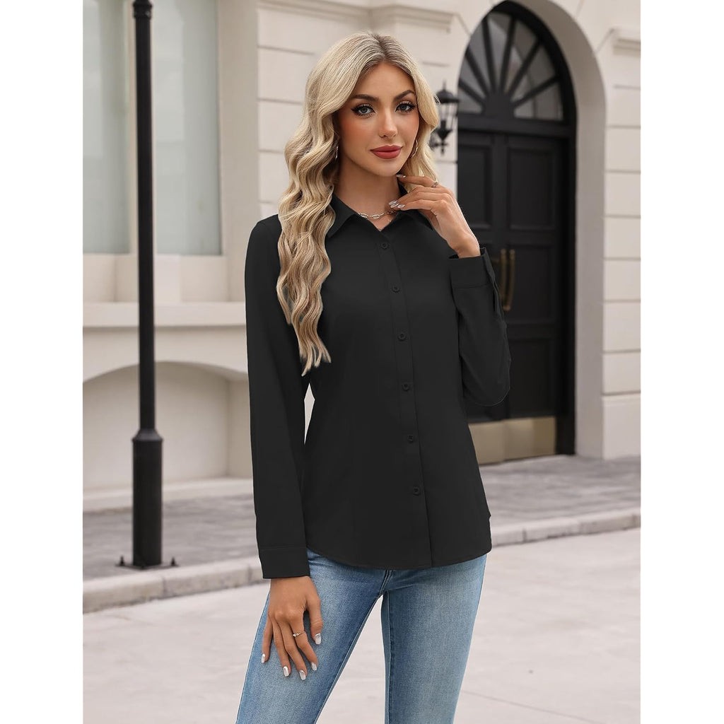 Hotouch Women Button Down Shirts Long Sleeve Stain Shield Dress Shirts Slim Fit Work Blouses Office Business Tops