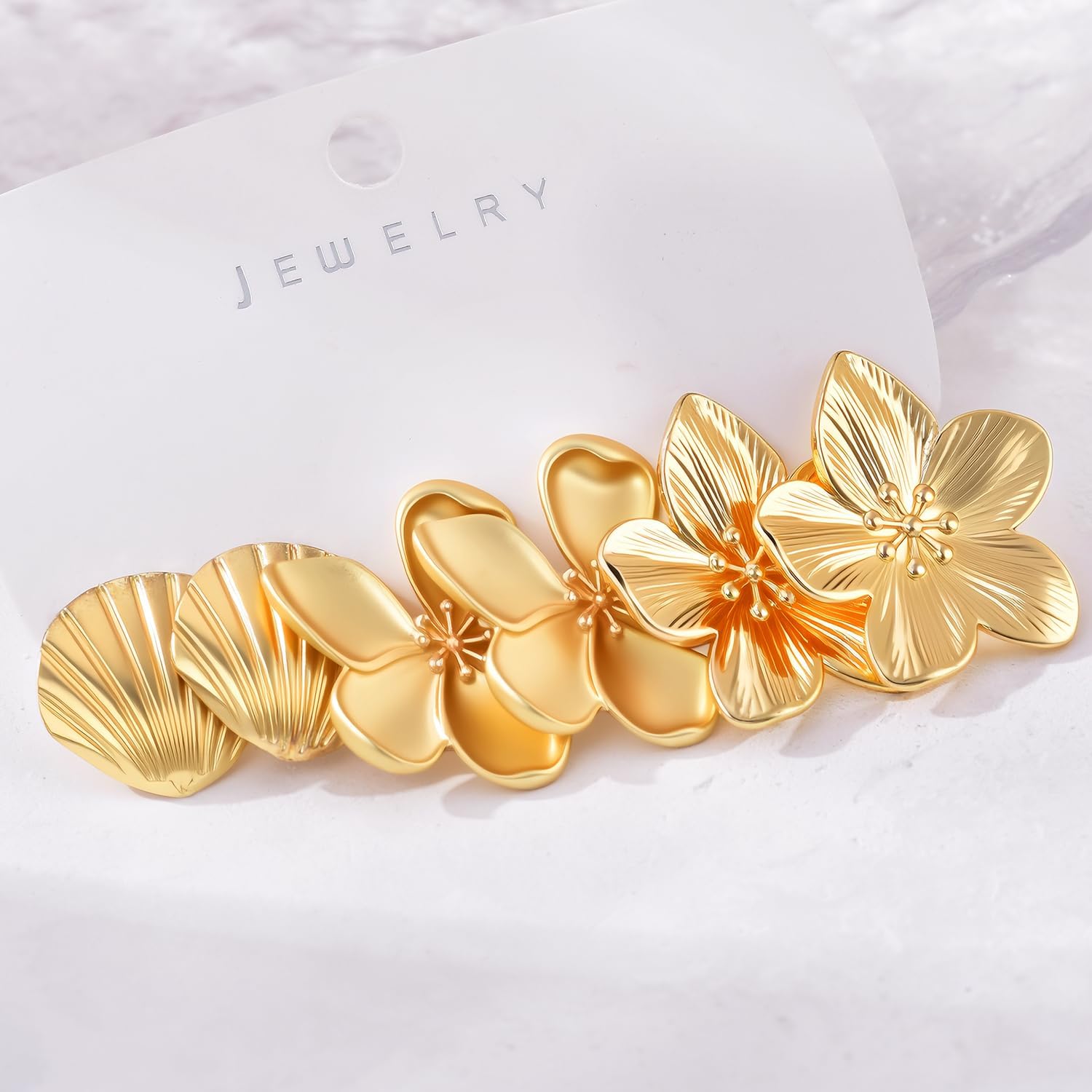 6 Pairs Chunky Gold Earrings For Women Trendy Statement Gold Plated Flower Shell knot Dangle Earrings Lightweight Hypoallergenic Fashion Jewelry Set