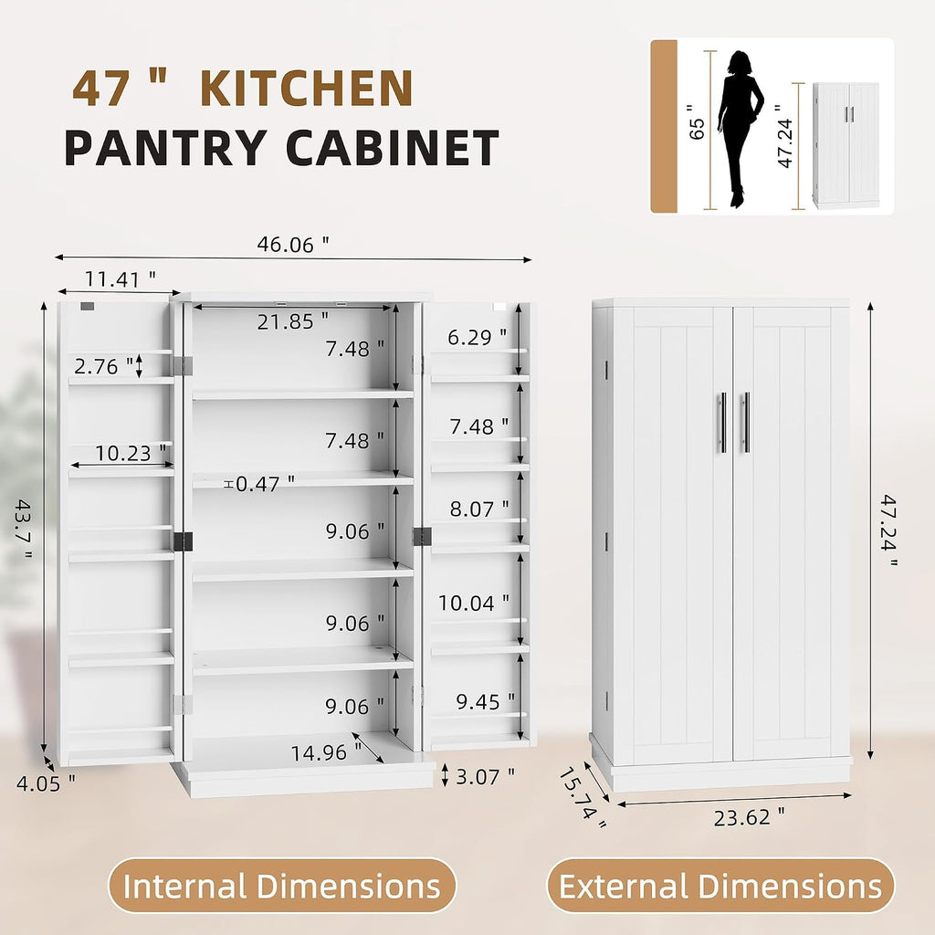 Shintenchi Kitchen Pantry Cabinet,5 - Layer Storage Cupboard With Adjustable Shelves For Organizing And Storing Food Items,47'' Versatile Buffet Sideboard For Kitchen, Bathroom And Laundry,White