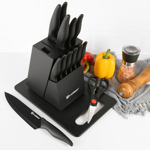 16 Piece Kitchen Knife Set with Block & Cutting Board, German Stainless Steel Knife Set with Heat-Sealed Over-molded Handles, Dishwasher Safe & Anti-Flaking Non-Stick Coating, Black