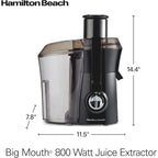 Hamilton Beach Juicer Machine, Big Mouth 3” Feed Chute For Whole Fruits And Vegetables, Easy To Clean, Centrifugal Extractor, Vegetable & Fruit Juicer, Bpa Free, 800W Motor, Black