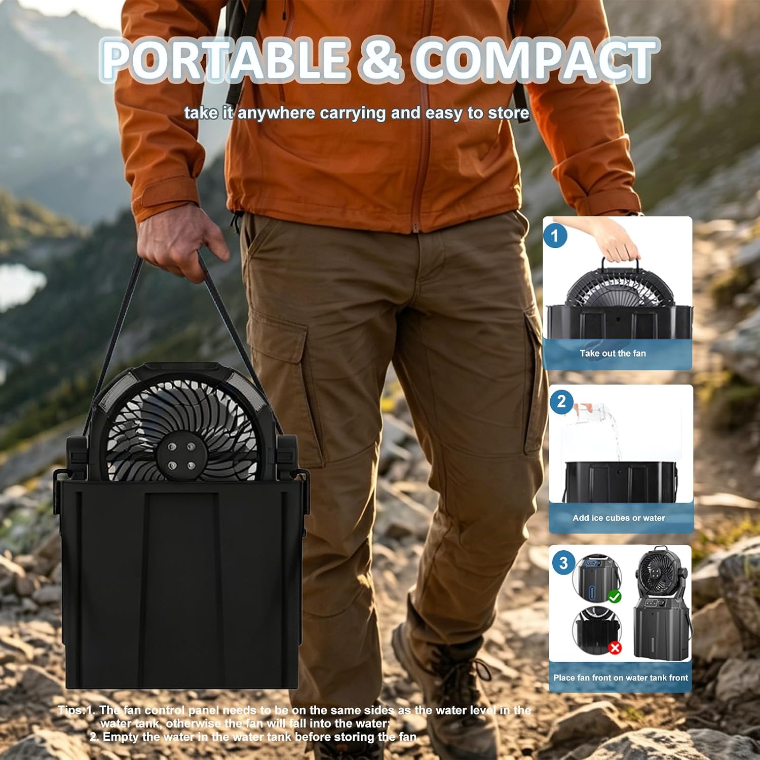 Portable Misting Fan 20000Mah Rechargeable Battery, 6L Bucket Outdoor Mist Fans Patios Cooling, Camping Fan With Led Light Modes & Stepless Speed Control, 4 Spray Mister, Timer Function(Black)