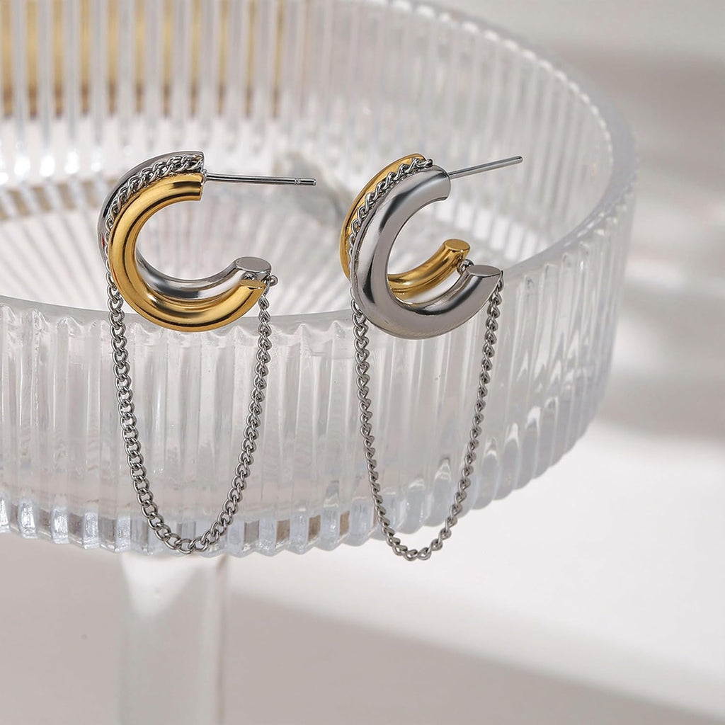 Gold and Silver Tassel Chain Hoop Earrings for Women Trendy Two Tone Dangling Chain Earrings Hypoallergenic Fashion Jewelry Gifts