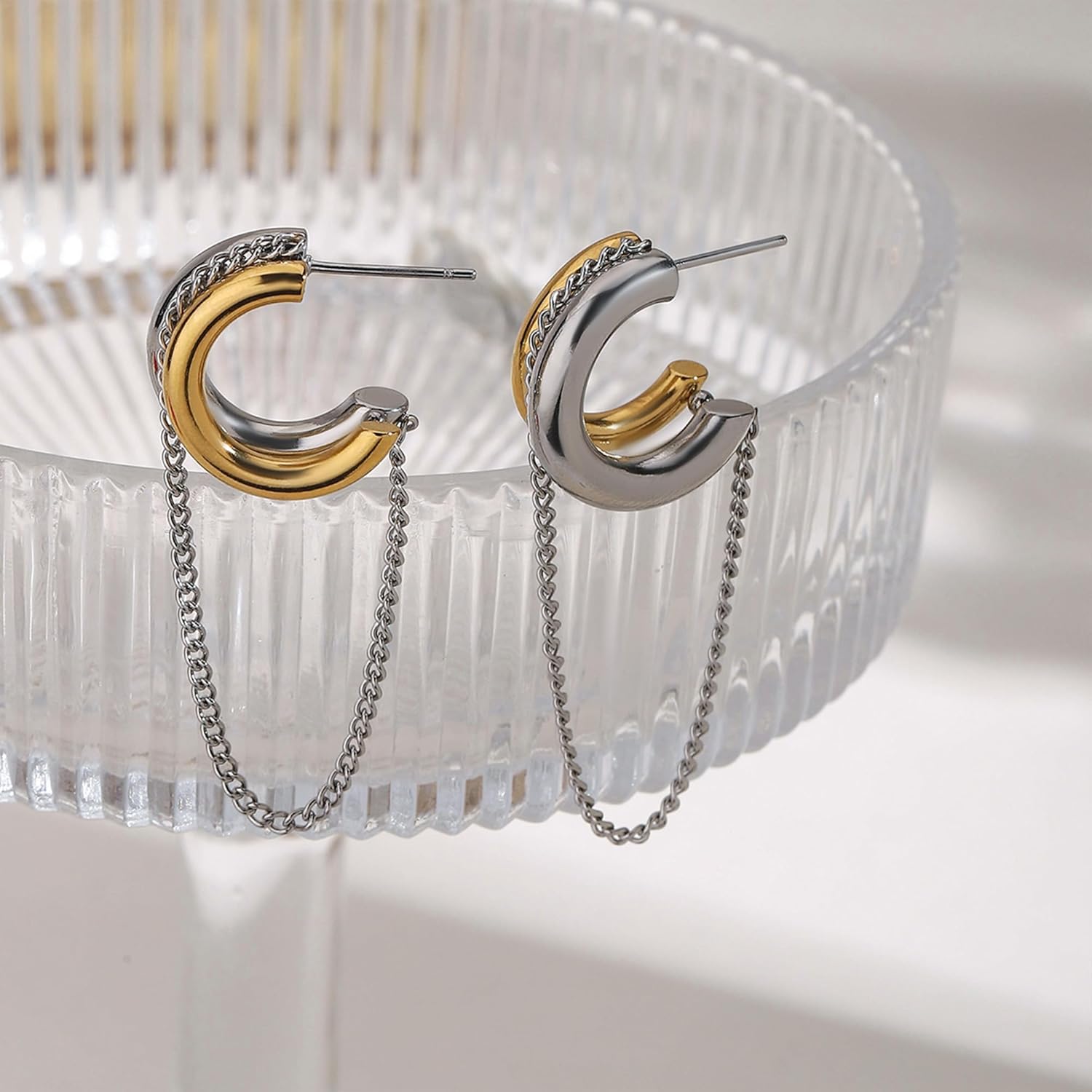 Gold and Silver Tassel Chain Hoop Earrings for Women Trendy Two Tone Dangling Chain Earrings Hypoallergenic Fashion Jewelry Gifts