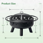 32 Inch Round Fire Pit With Mesh Cover, Fire Poker, Star And Moon Design, Metal Wood Burning Outdoor Firepit For Patio, Backyard, Garden, Bonfire Party,Perfect For Christmas, Thanksgiving, Halloween