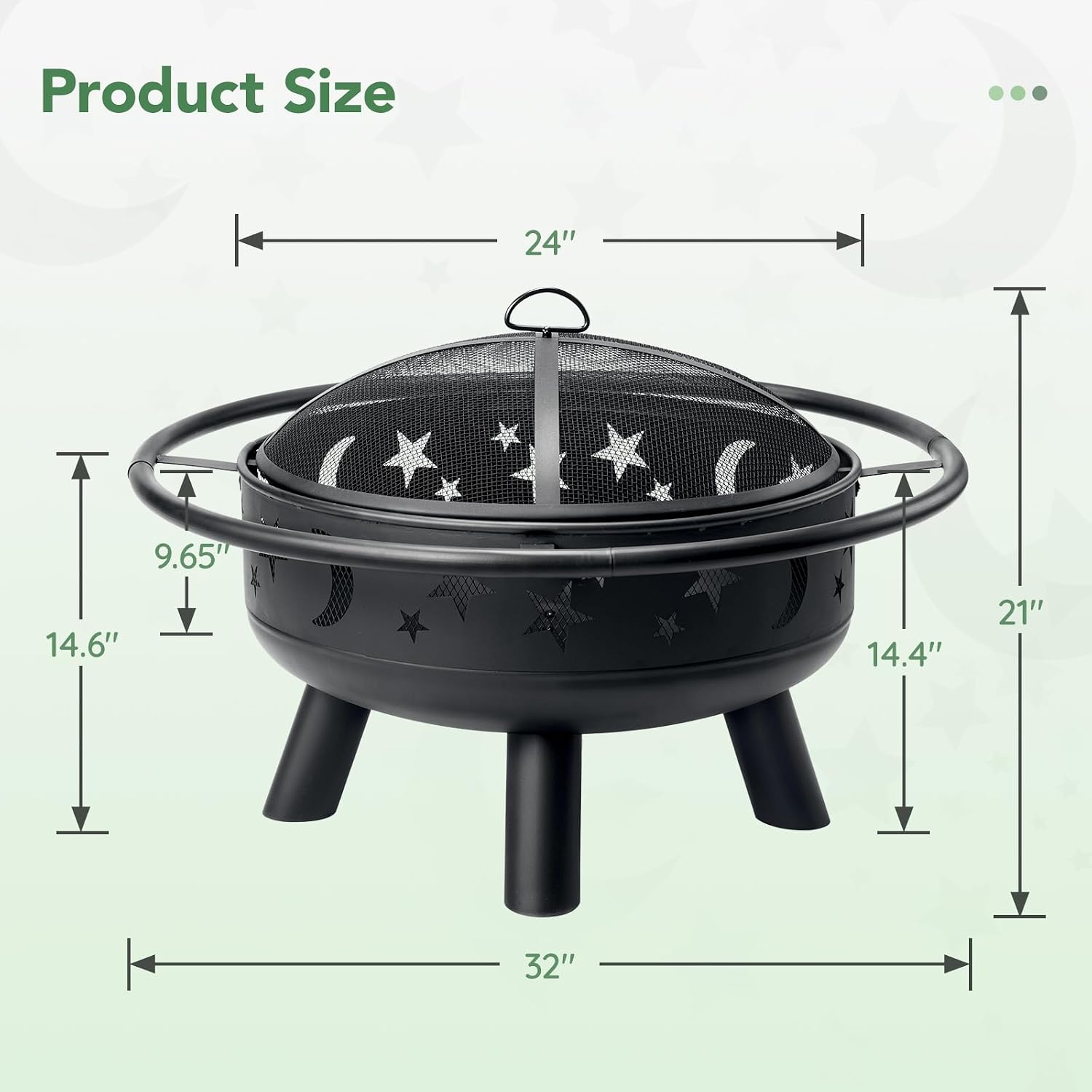 32 Inch Round Fire Pit With Mesh Cover, Fire Poker, Star And Moon Design, Metal Wood Burning Outdoor Firepit For Patio, Backyard, Garden, Bonfire Party,Perfect For Christmas, Thanksgiving, Halloween