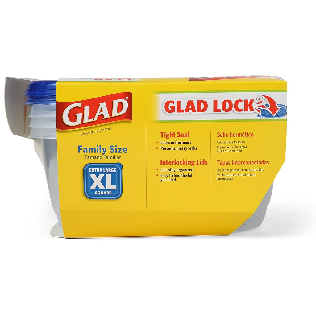 Glad Gladware Xl Square Food Storage Containers With Lock Tight Lids, Bpa-Free Family Size Plastic Containers For Leftovers, Meal Prep, And Freezer Storage, Dishwasher Safe, 104 Oz, 3 Count