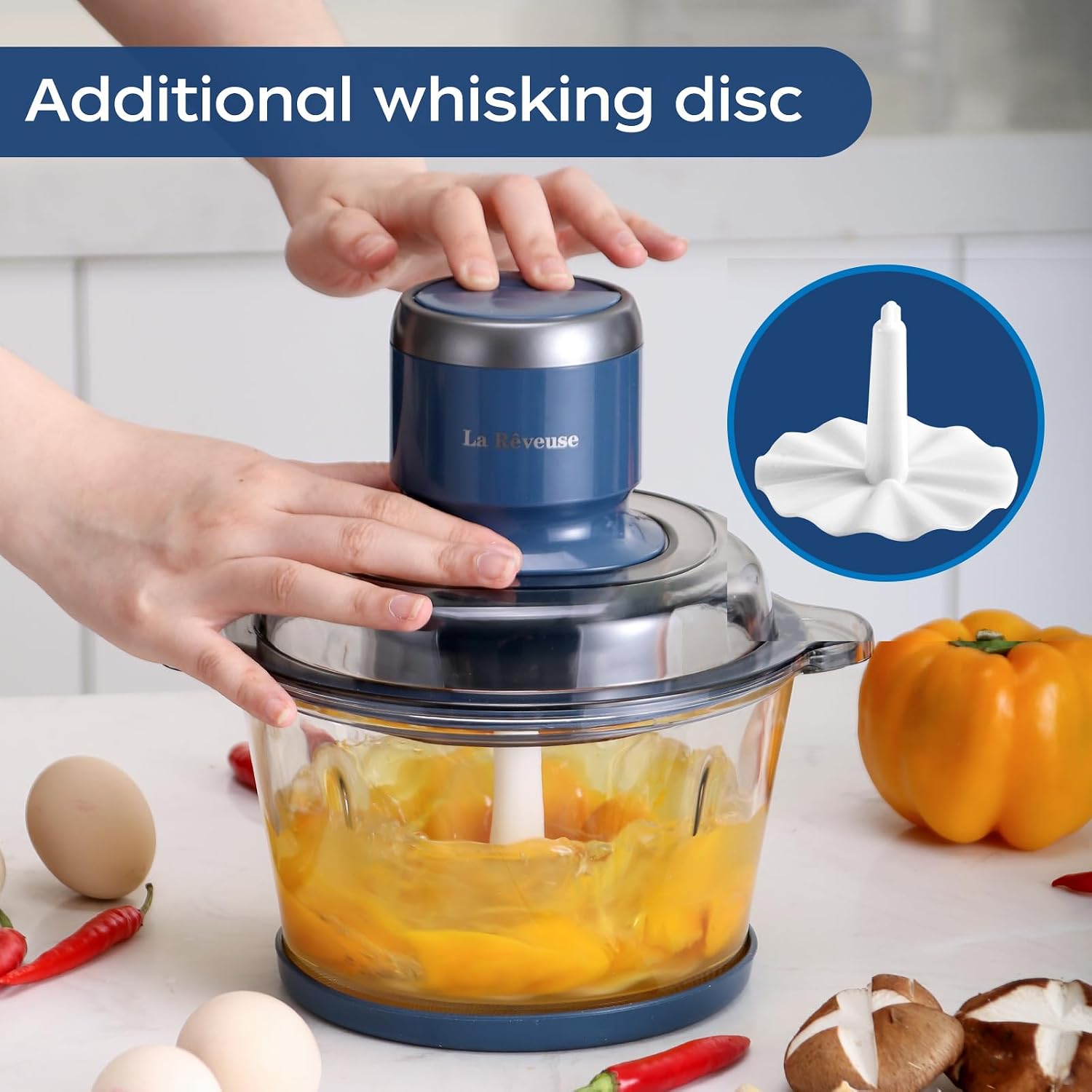 La Reveuse Food Processor,Electric Food Chopper With 7-Cup (1.7L) Glass Bowl, 4 Bi-Level Blades For Chopping,Grinding,Mincing,Whisking,Meal Prep,300W,Blue