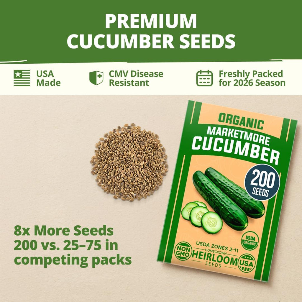Home Grown Organic Marketmore Cucumber Seeds 200+ Heirloom Non-Gmo Seeds For Planting, High Germination, Hardy & Vigorous Slicing Cucumber, Trellis & Raised Bed Garden (Cucumis Sativus)