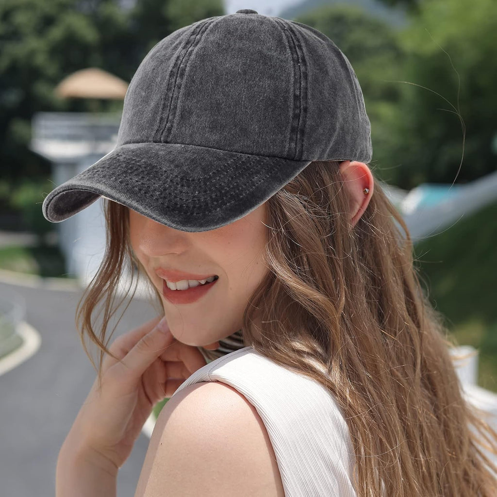 HH HOFNEN Ponytail Hats Womens Washed Distressed Baseball Cap High Ponycaps Cotton Dad Hat with Ponytail Hole #1 Black