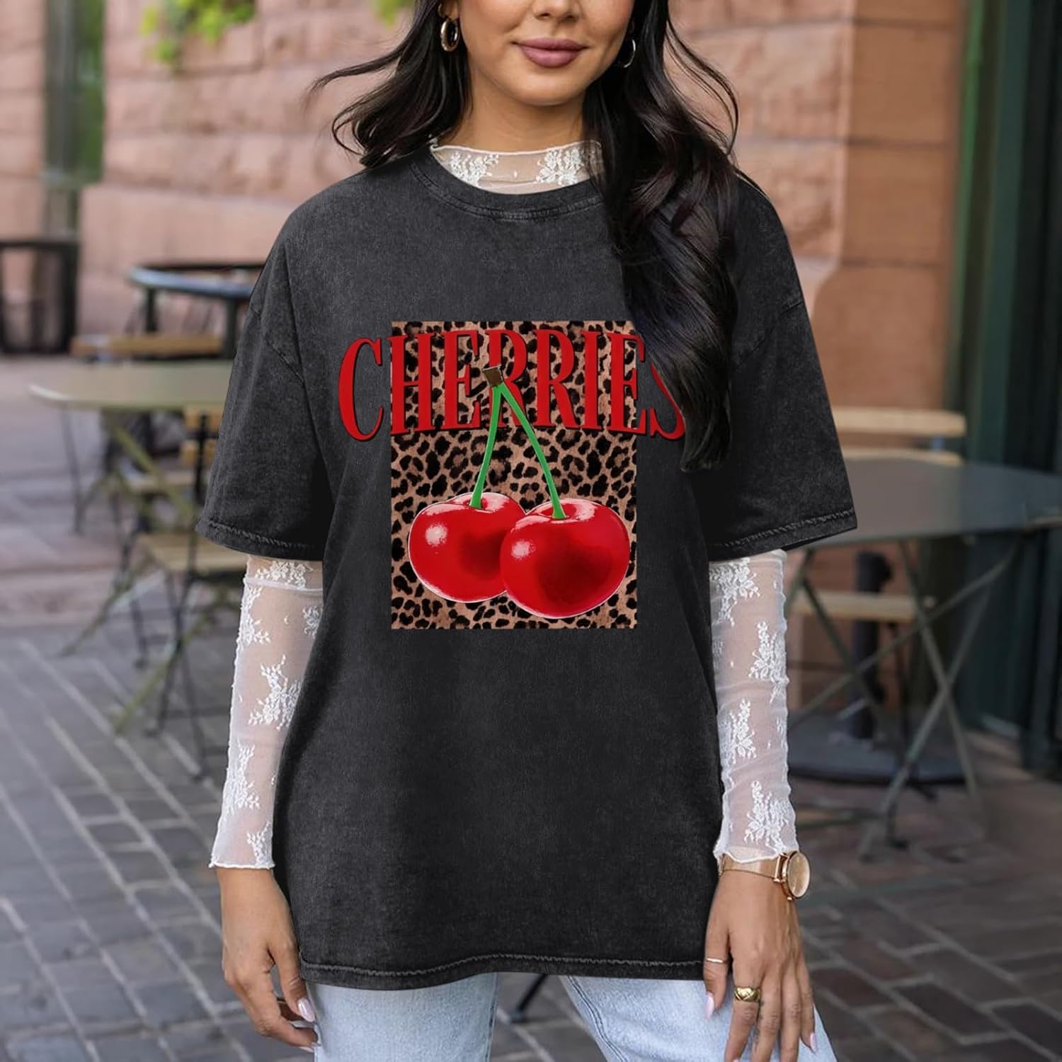 Oversized Cherry Graphic Tees for Women Vintage Leopard Cherry Fruit Shirt Acid Wash Crewneck Streetwear T Shirts Top Black