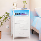 Yoobure Night Stand With Charging Station, 16 Colors Led Nightstand With Usb Ports And Outlets, End Table With 3 Fabric Drawers And Storage Shelf, Bedside Tables Small Dresser For Small Space White