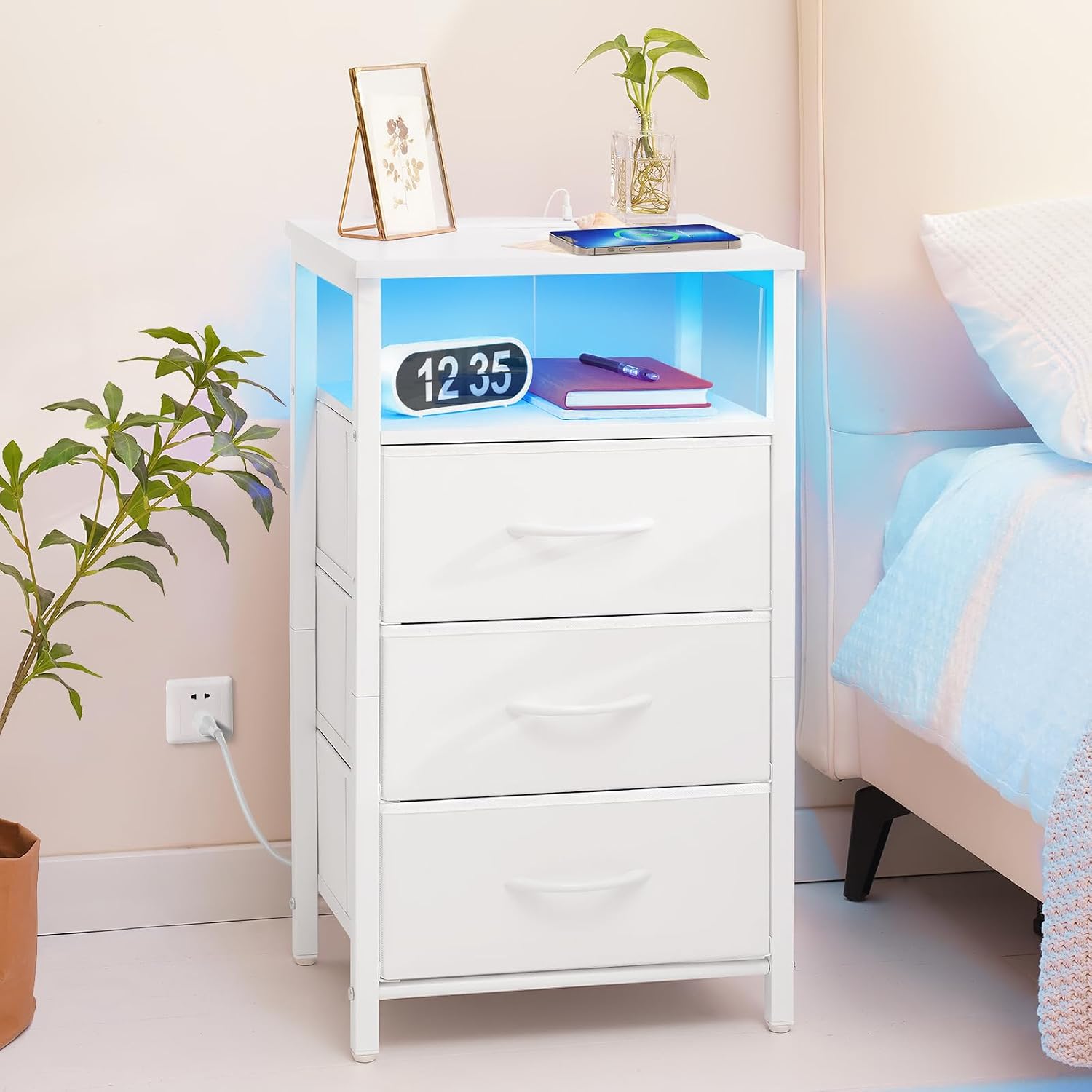 Yoobure Night Stand With Charging Station, 16 Colors Led Nightstand With Usb Ports And Outlets, End Table With 3 Fabric Drawers And Storage Shelf, Bedside Tables Small Dresser For Small Space White