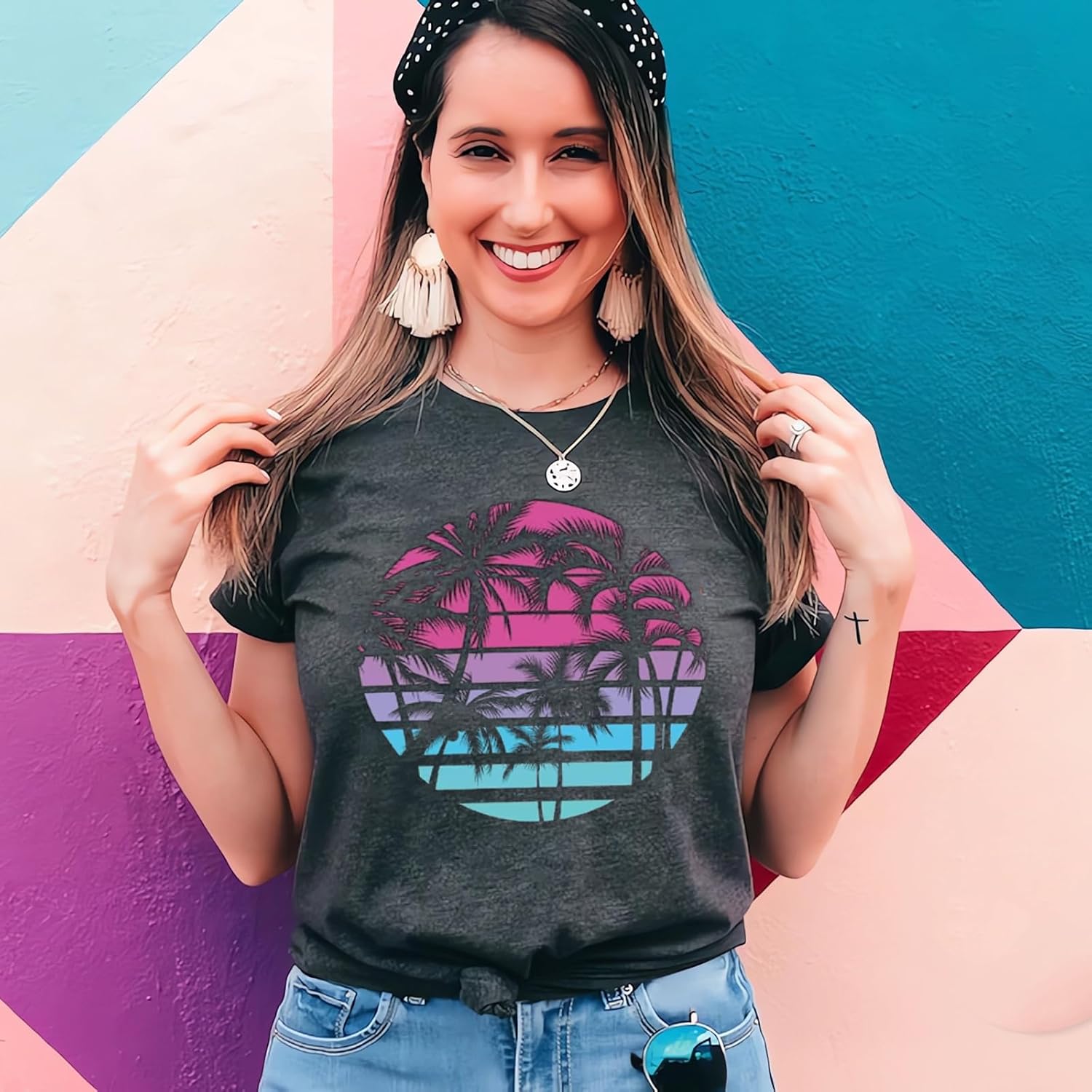 Hawaiian Shirts for Women Palm Trees Beach Graphic Tee Tops Summer Vacation Short Sleeve Tshirt Tops
