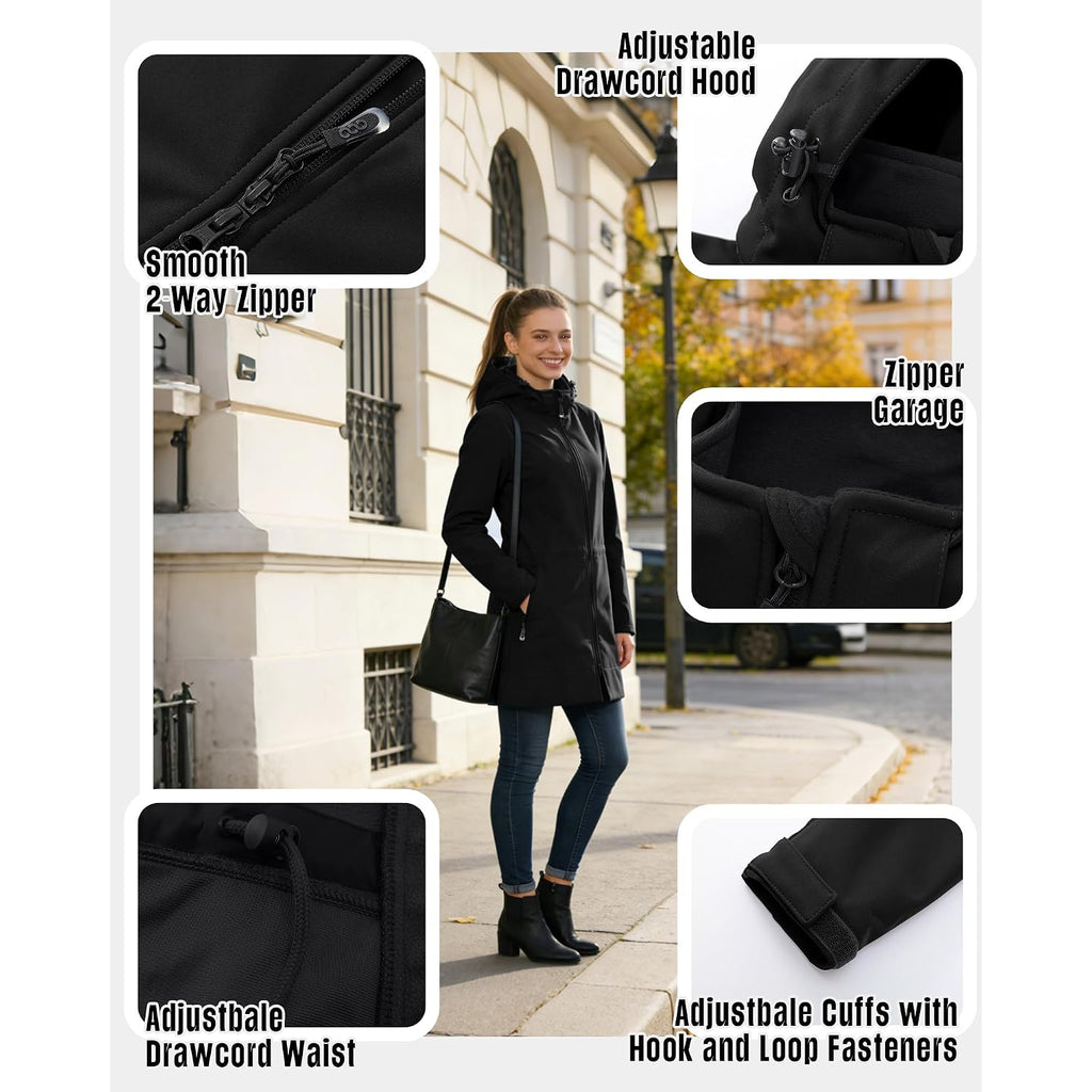 33,000Ft Women'S Waterproof Softshell Long Rain Jacket With Hood Fleece Lined Windproof Windbreaker
