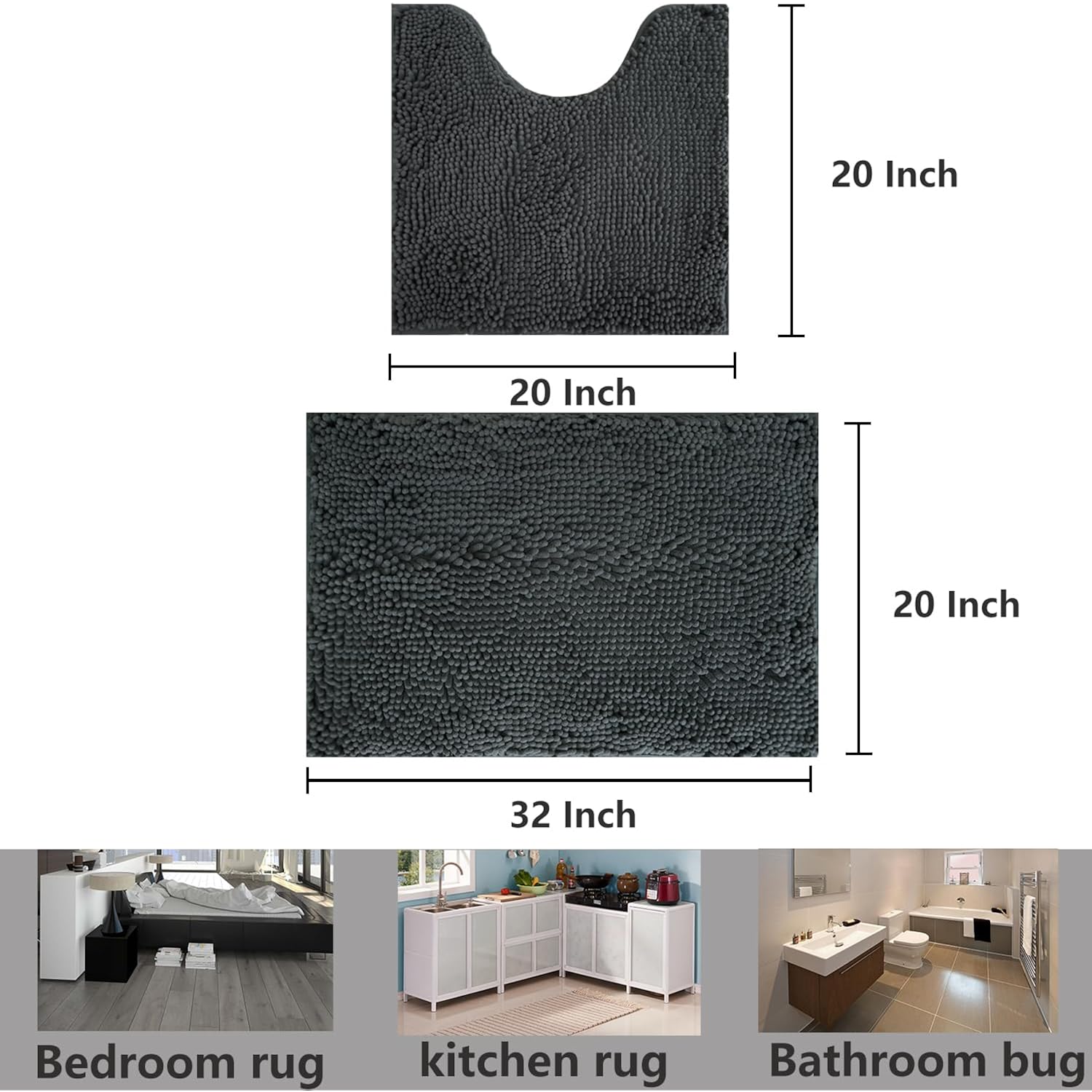 Bathroom Rug Sets 2 Piece, Extra Thick And Absorbent, Non-Slip, Machine Washable, Dry Quckily, Soft Cozy Plush, Used Under Shower Bathtub And Sink, Dark Grey