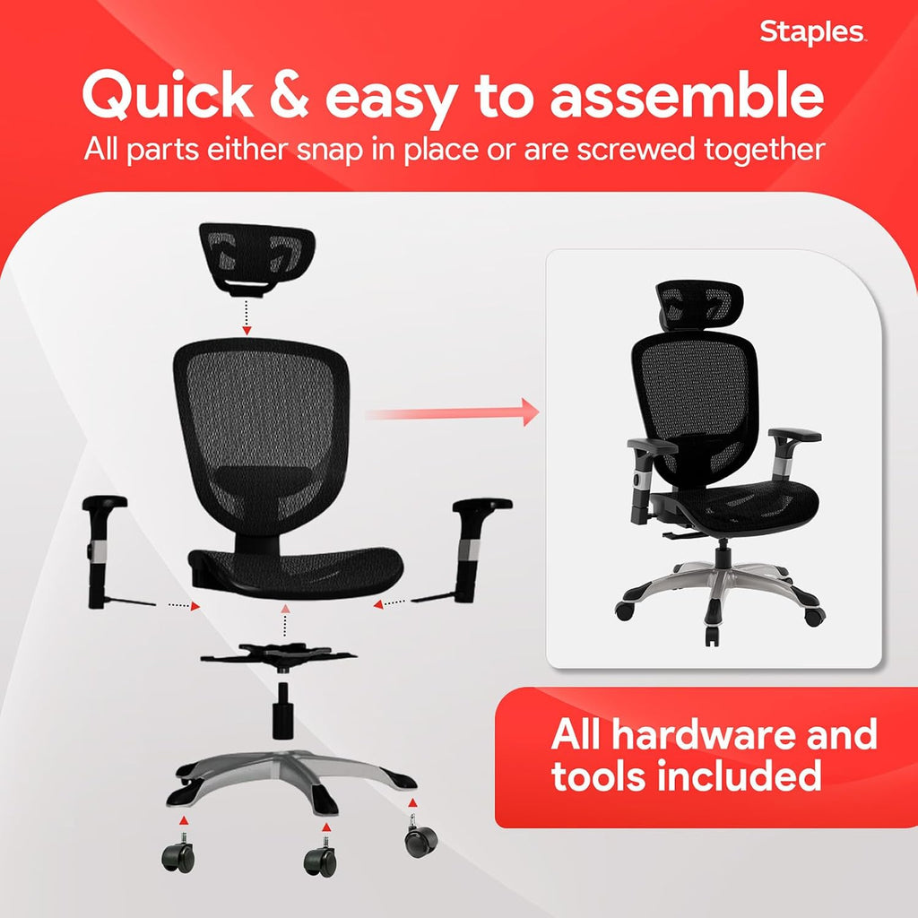 Staples Hyken Ergonomic Task Chair, Mesh, Ergonomic, Lumbar Support, Swivel, Black