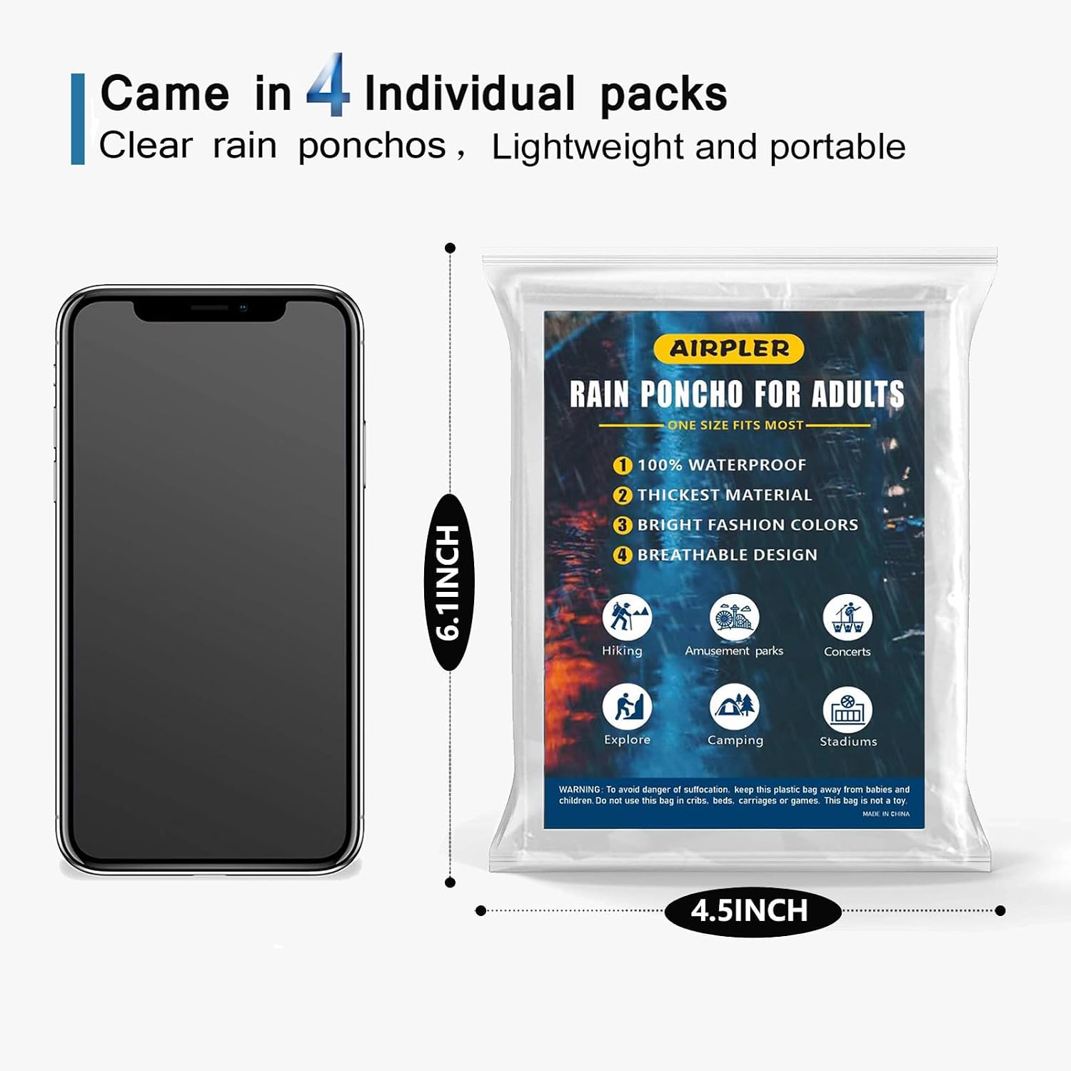 Disposable Rain Ponchos For Adults, Clear Poncho With Hood, Emergency Raincoats For Hiking, Camping, Travel