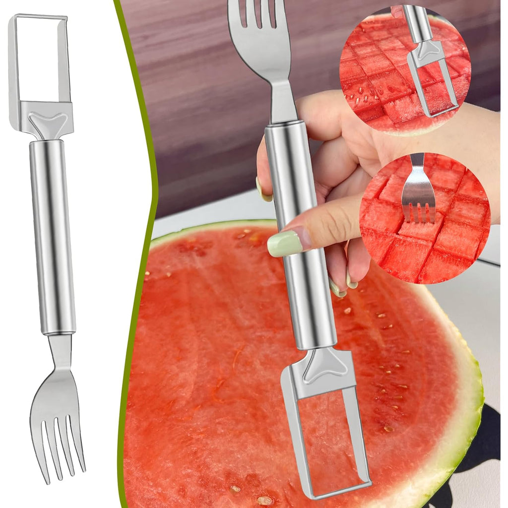 2-in-1 Watermelon Slicer & Fork – Stainless Steel Fruit Cutter Tool for Watermelon, Mango, Pitaya – Portable for Camping, Picnics, Home, Parties – Effortless Cubes & No Mess