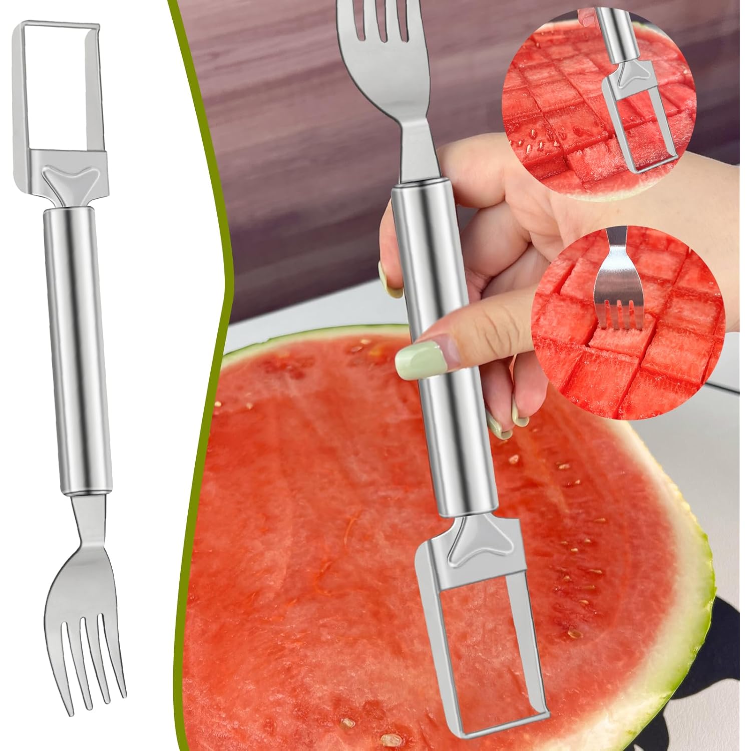 2-in-1 Watermelon Slicer & Fork – Stainless Steel Fruit Cutter Tool for Watermelon, Mango, Pitaya – Portable for Camping, Picnics, Home, Parties – Effortless Cubes & No Mess