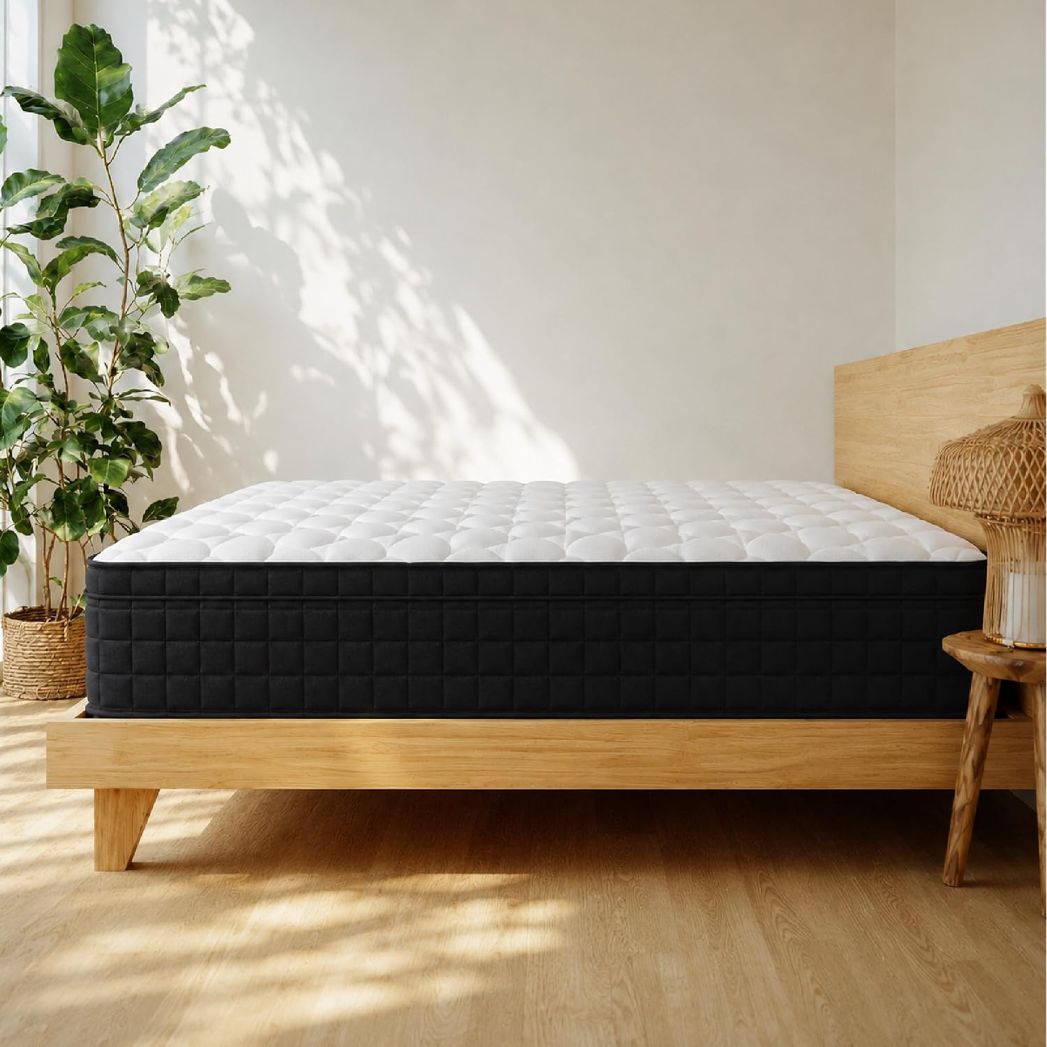 Full Size 12 Inch Hybrid Innerspring Mattress, Individual Pocket Coils Gel Memory Foam, Medium Soft Black & White Cover, Fiberglass Free Certipur-Us Certified Compressed Bed In A Box, 54" X 75"