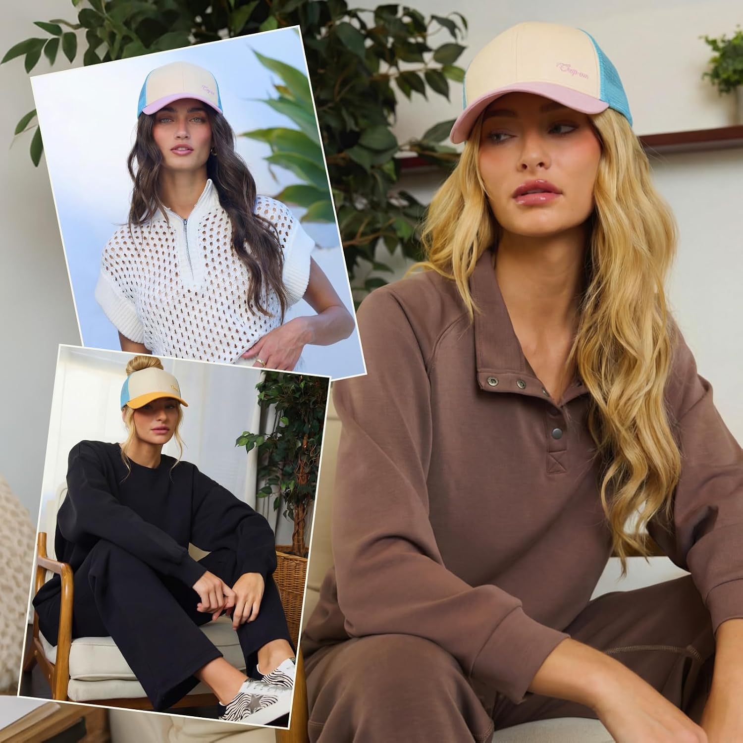 TOP-EX ChicPony™ S/M M/L High & Low Ponytail Beach Golf Snapback Trucker Hats for Women Girls Summer Cute Sunset Glow