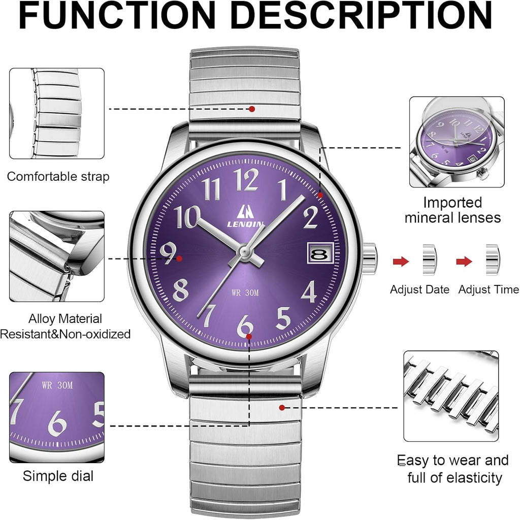 LN LENQIN Ladies Watches Womens Watch Stainless Steel Analog Quartz Watches for Women Waterproof Easy Reader Women's Wrist Watch with Date Expansion Band