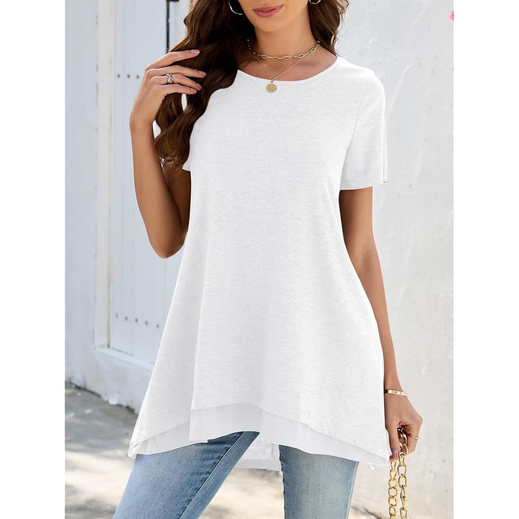 Women's Short Sleeve Tunic Tops for Legging Layered Chiffon Hem Casual Loose Long Shirts with Pockets