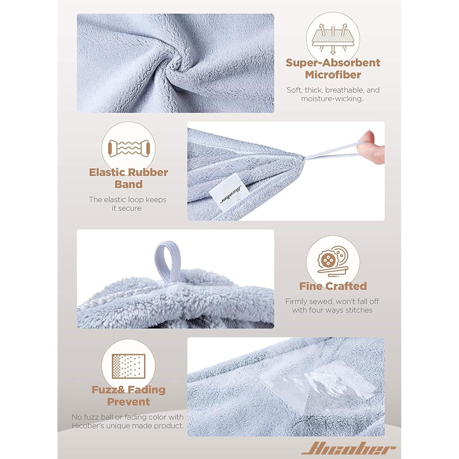 Hicober Microfiber Hair Towel Wrap, Fast Drying Hair Towels For Women, Soft Lightweight Quick Dry Turban For Curly & Long Hair–3 Pack(Blue/Grey/Pink)