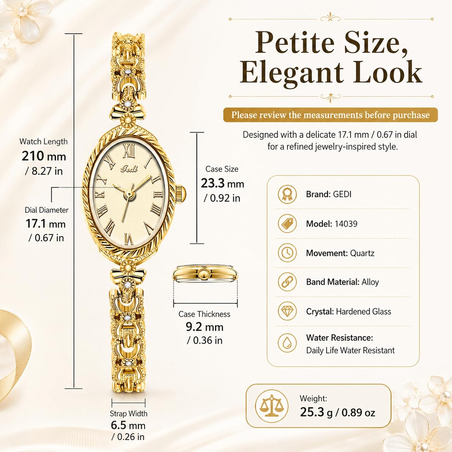Gosasa Small Gold Watches For Women Vintage Dainty Oval Roman Numeral Dial Analog Slim Bracelet Alloy Band Water Resistant Dress Wrist Watch Elegant Gift