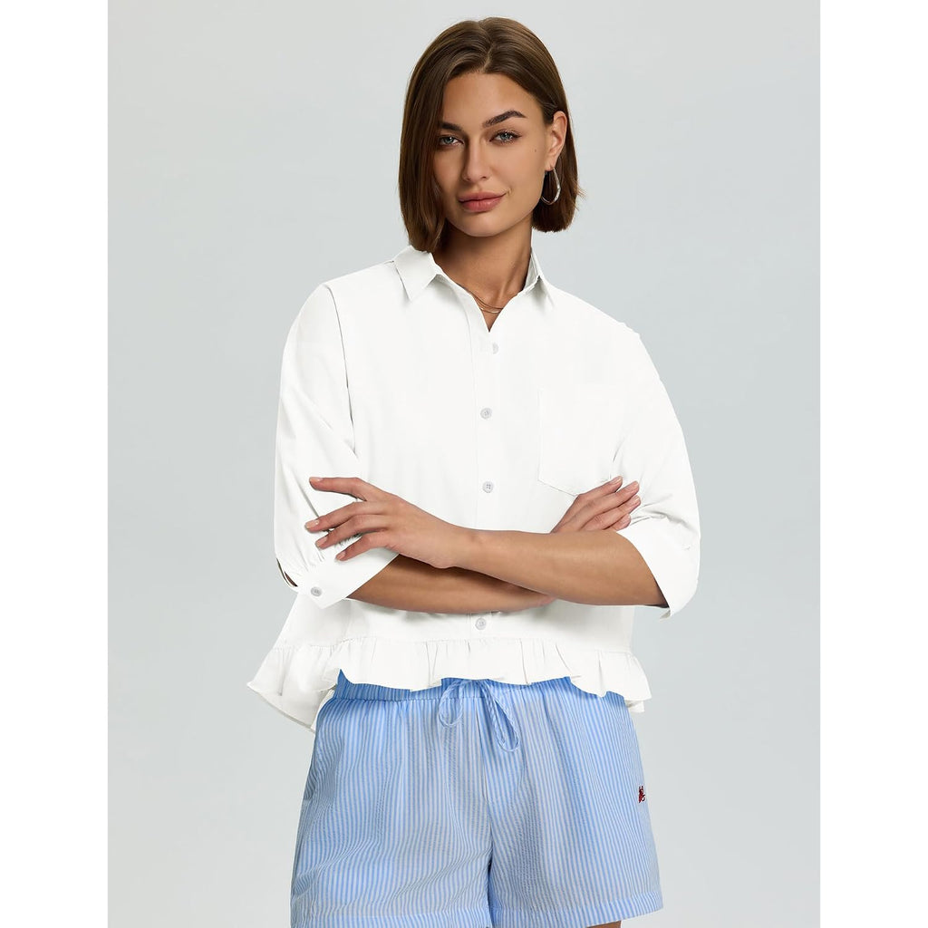 Lomon Womens 3/4 Sleeve Button Down Tops Dressy Casual Collared Shirts Blouses Ruffle Babydoll Tops Loose Fit