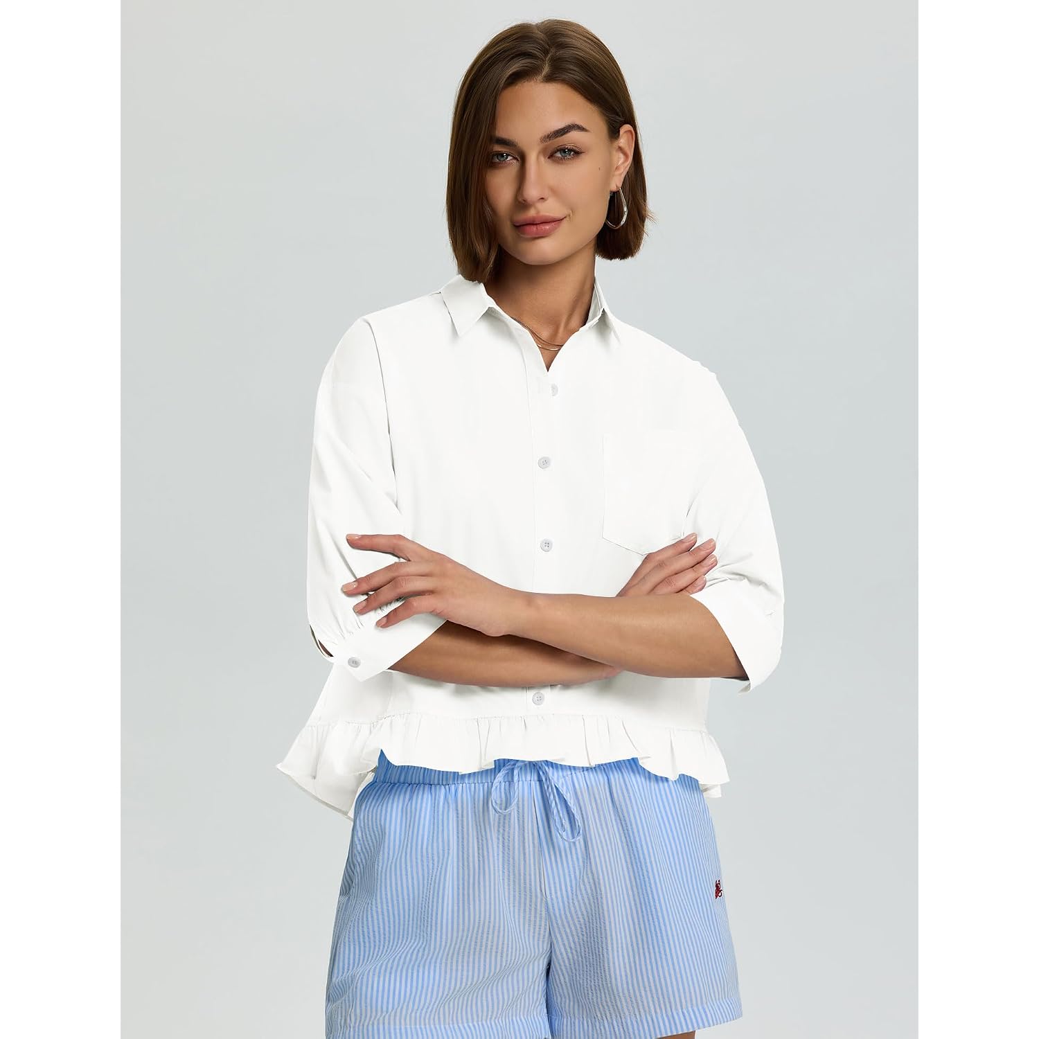 Lomon Womens 3/4 Sleeve Button Down Tops Dressy Casual Collared Shirts Blouses Ruffle Babydoll Tops Loose Fit