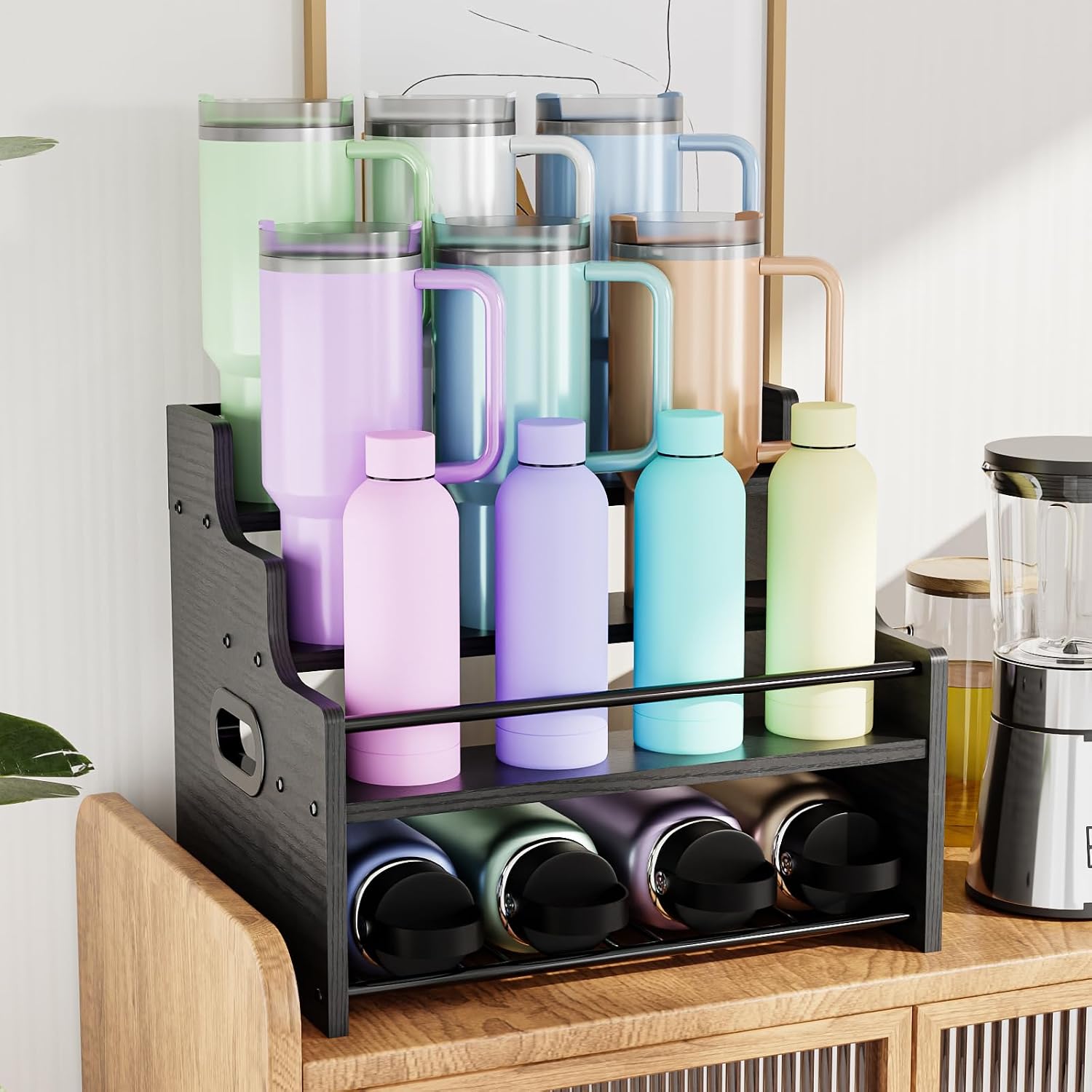 Klm 4-Tier Wood Display Shelf, Black Modern Bottle Organizer, Countertop Bar Stand For Liquor, Coffee Syrup, (Black)