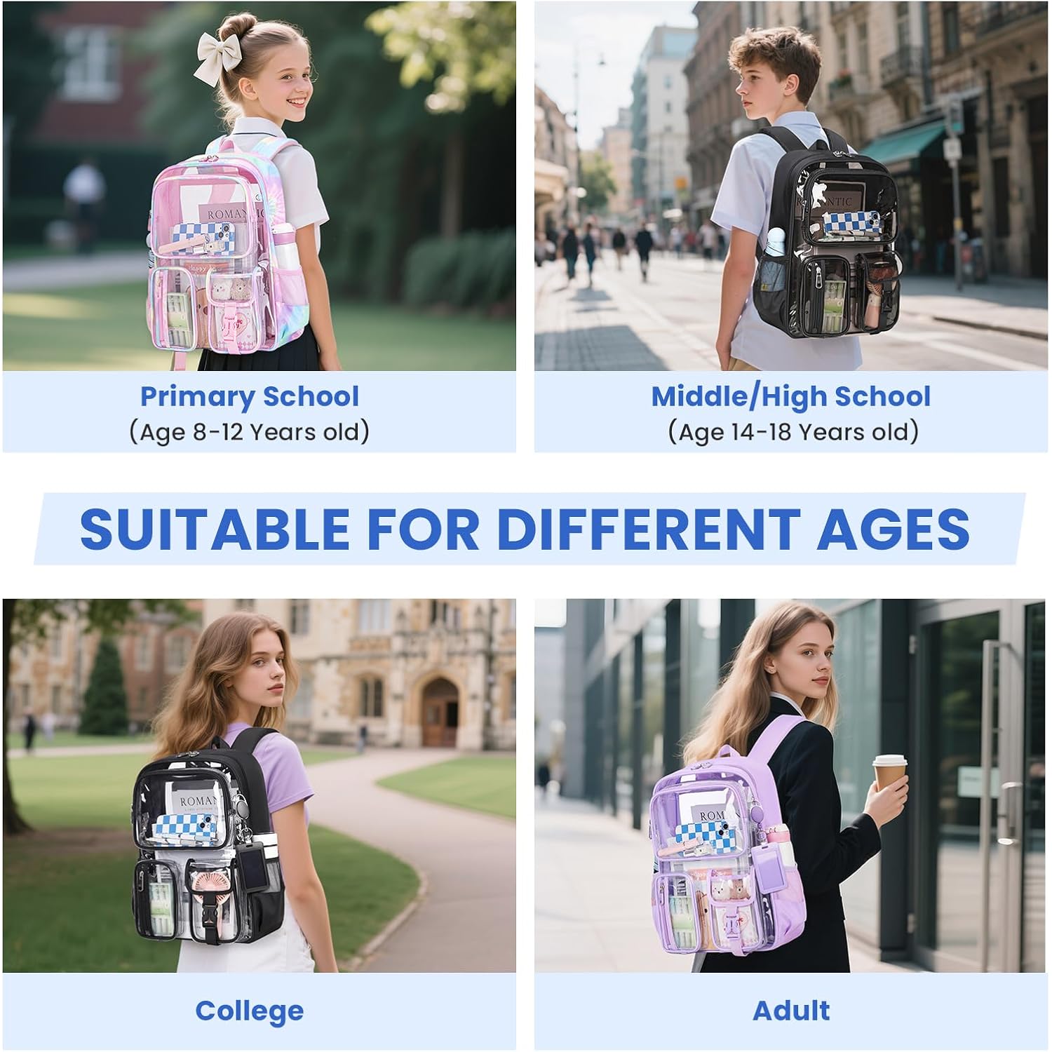 Musevos Clear Backpack For School, Heavy Duty Clear Bookbag For Girls Boys Transparent Backpack With Badge Holder, Semi-Black