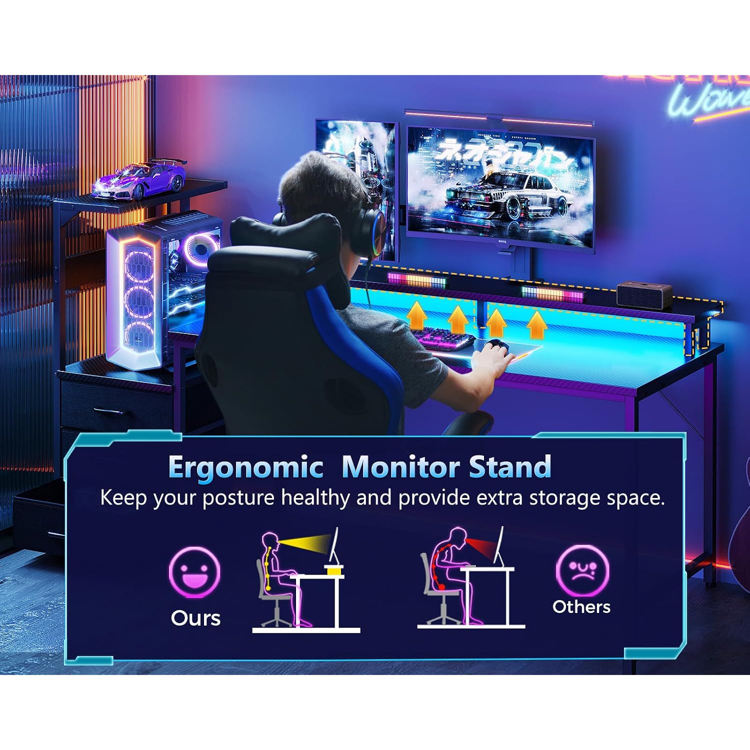 Aodk Gaming Desk W/Pc Showcase Stand, 59" Reversible, Rgb Led, Black | Elevated Stand Fits Lian Li O11, Hyte Y60. Triple Drawers Hide Cables, Controllers, Clutter.Your Build Deserves To Be Seen.