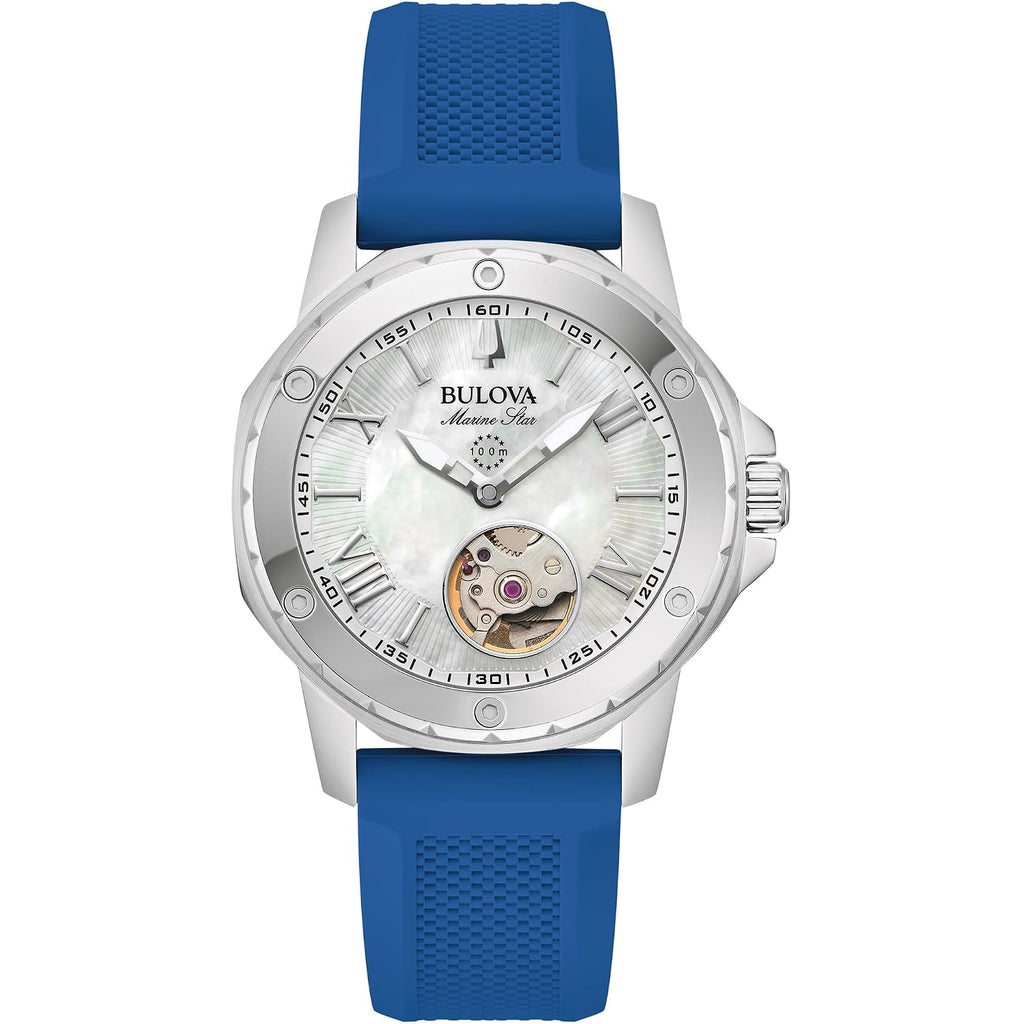 Bulova Ladies' Marine Star Automatic Stainless Steel Case And Blue Silicone Strap, Mother Of Pear Dial Style:96L324