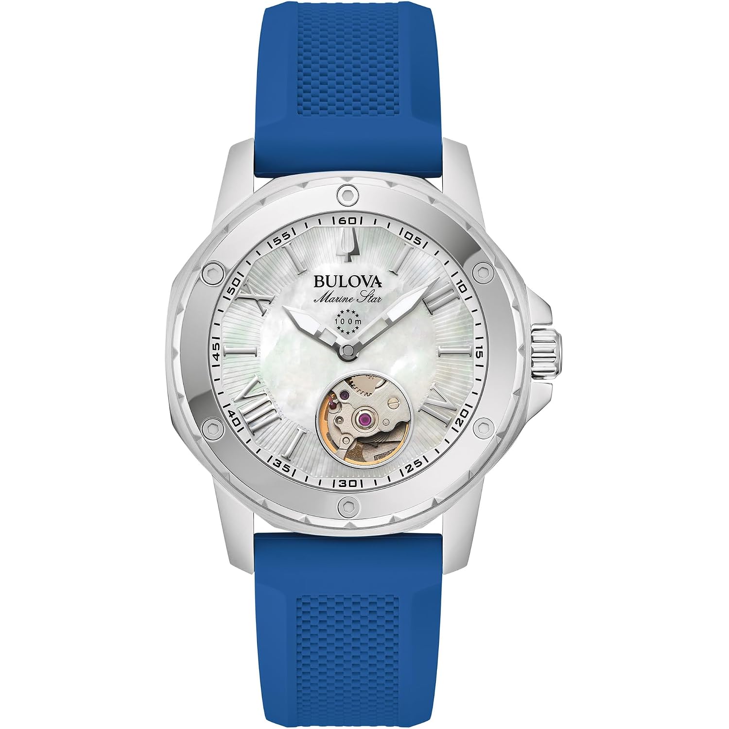 Bulova Ladies' Marine Star Automatic Stainless Steel Case And Blue Silicone Strap, Mother Of Pear Dial Style:96L324