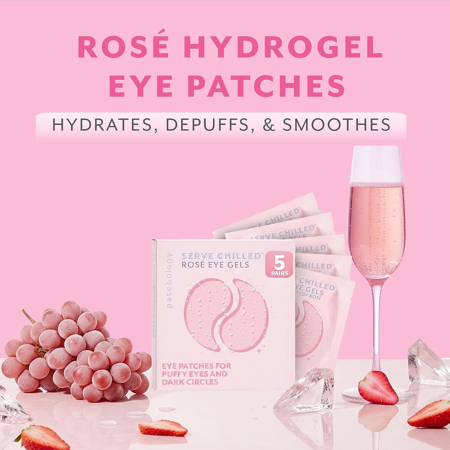 Patchology Serve Chilled Rosé Hydrating Under Eye Patches – Hyaluronic Acid & Antioxidant-Infused Eye Masks To Reduce Dark Circles, Puffiness & Fine Lines - Ideal Skincare Essentials (5 Pairs)